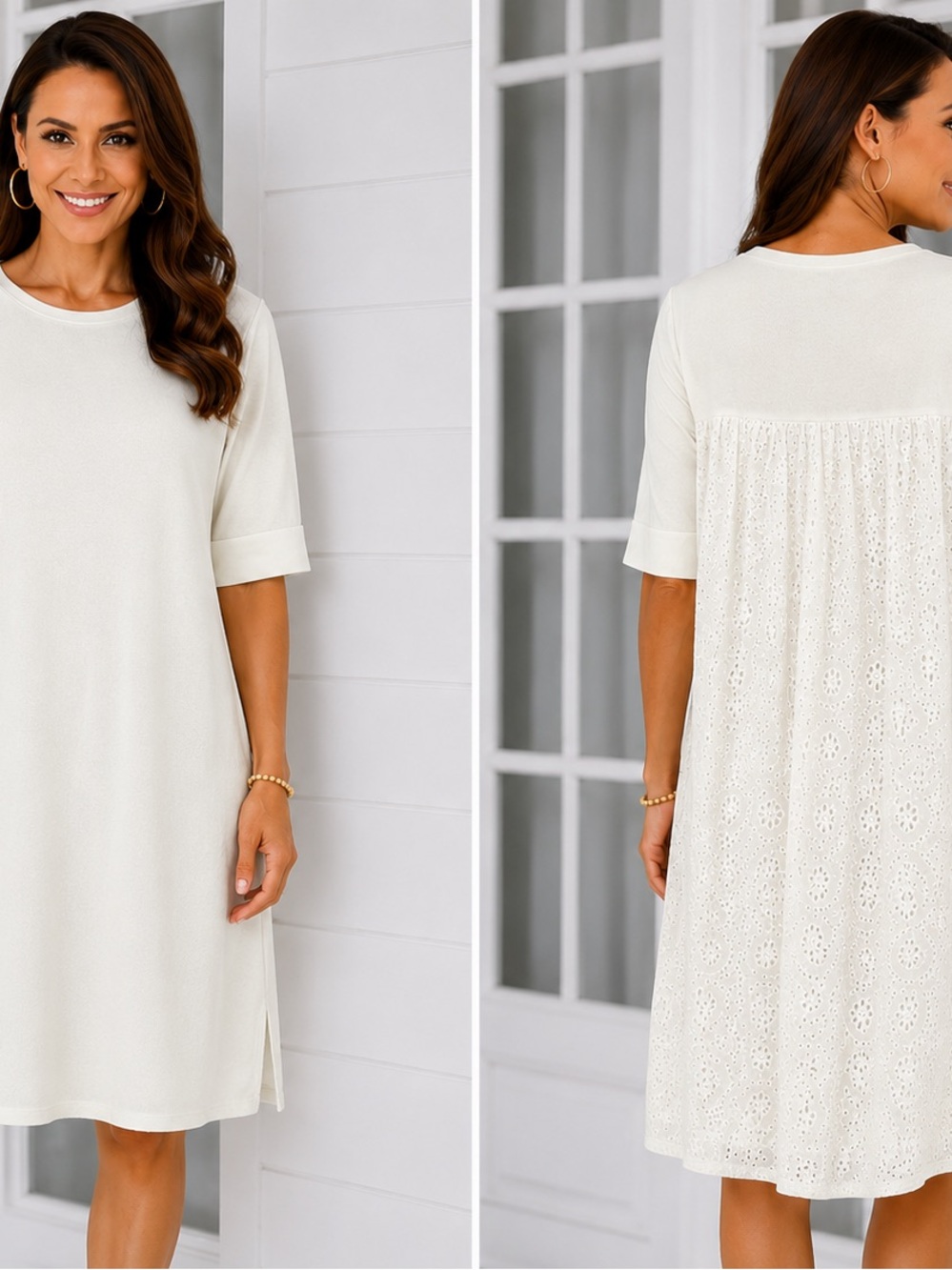 Ann Taylor White Eyelet Back Sweater Dress Large L Midi Knit Shift Dress